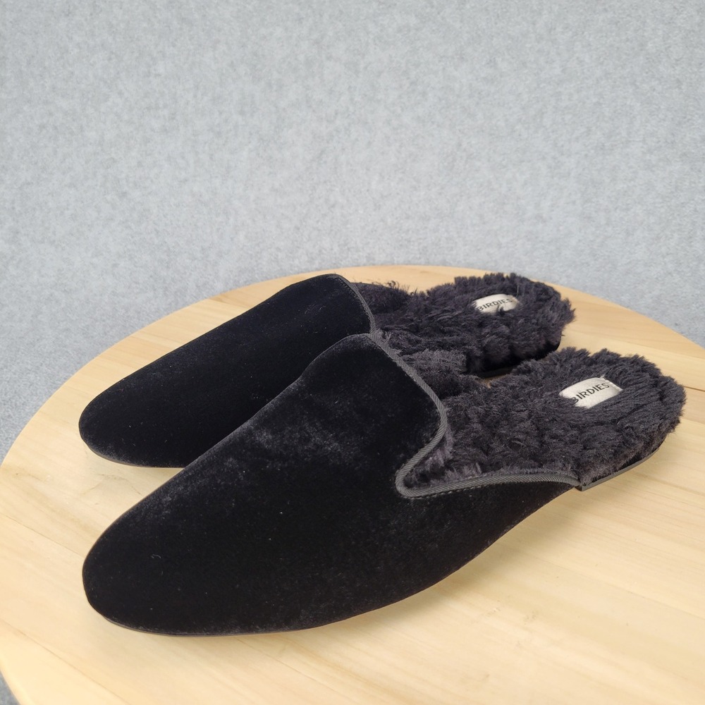 Birdies The Phoebe Mule Women 8.5 Black Velvet Faux Fur Lined Pointed Toe Slide